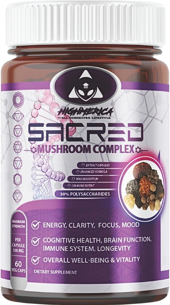 7 Sacred Mushroom Complex - Lions Mane, Cordyceps, Reishi, Tyrkiet Tail, Chaga, Maitake & Shiitake - Nootrop for Brain og Cognitive Support - Energi & Immunitet