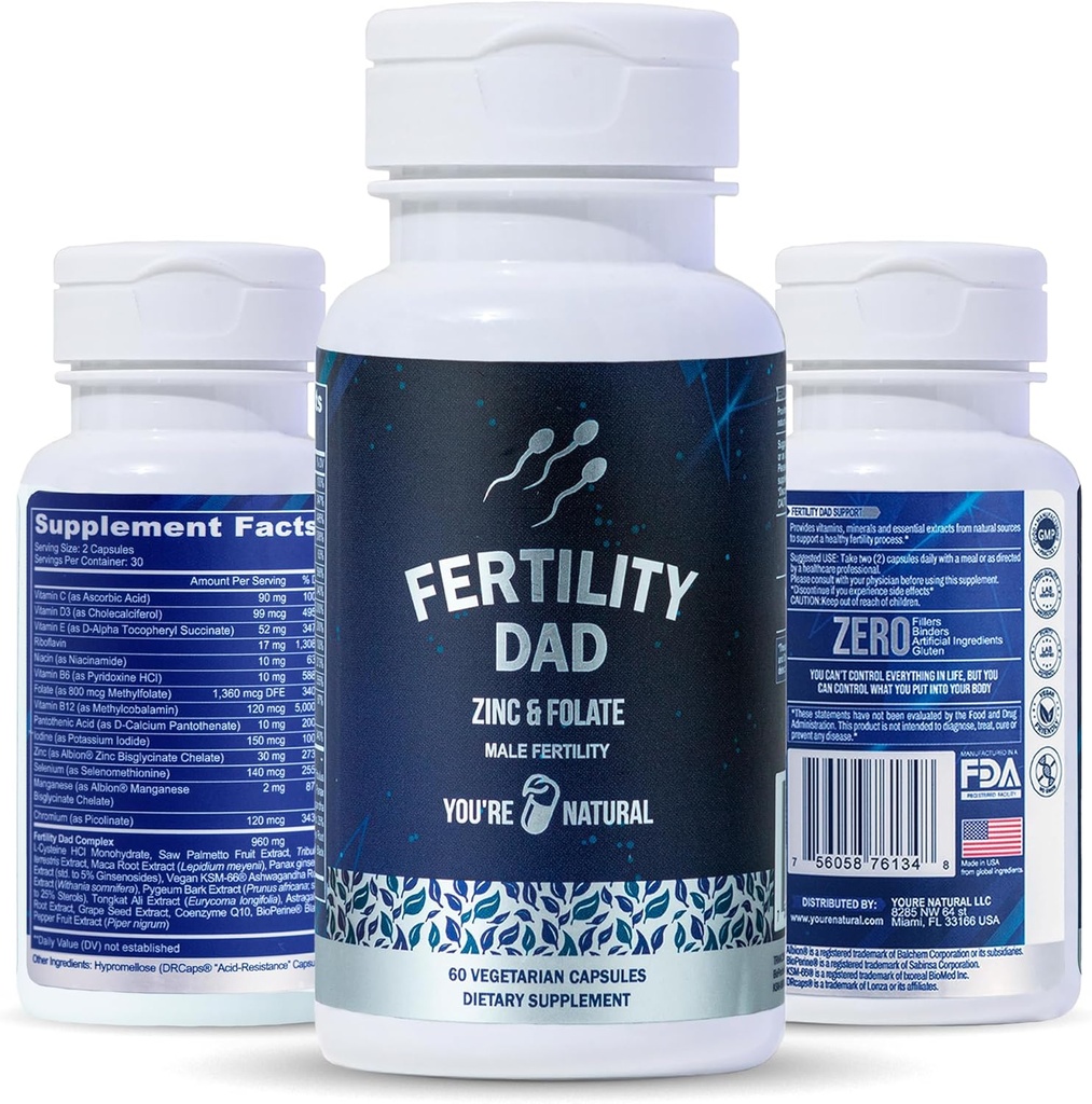DU ER NATURAL Mand Fertilitet Vitaminer, Optimal Sperm Greve, Motilitet, og Styrke, Ashwagandha, Folinsyre 800 mcg, Magnesium, Maca Root, L- carnitin, C-vitamin, E, D3, Zink- 124; 30 dages forsyning