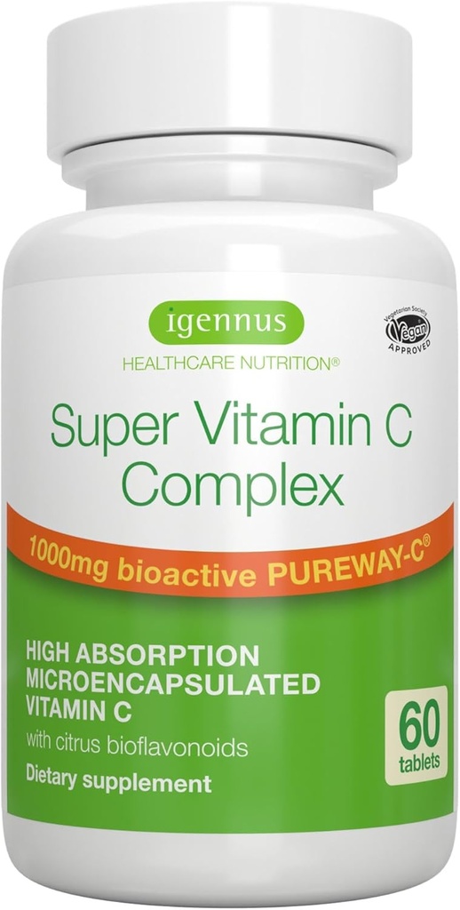 Igennus High Absorption Super Vitamin C, Clean Label Pureway- C 1000mg, Vegan Vitamin C med Bioflavonoider, 60 Servere, 24- timers handling, immunforsvar, energi, hjerte & hjerne