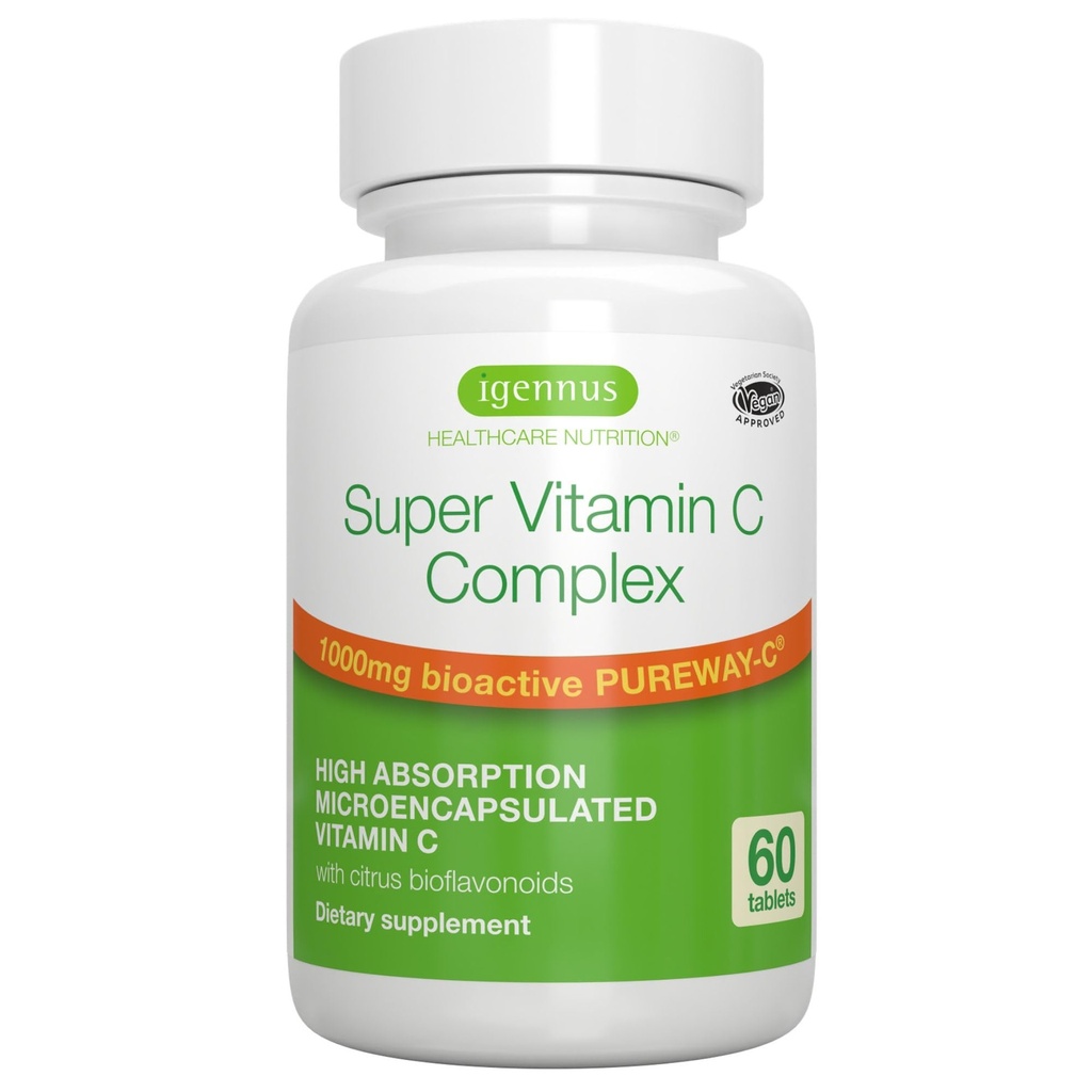 Igennus High Absorption Super Vitamin C, Clean Label Pureway- C 1000mg, Vegan Vitamin C med Bioflavonoider, 60 Servere, 24- timers handling, immunforsvar, energi, hjerte & hjerne