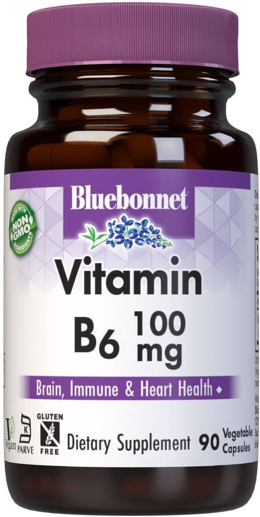 BlueBonnet Nutrition Vitamin B 6 100 mg Energy Vitamins for Women & Men - Nervous System Immune & Heart Health Support Supplement - Non-GMO, Vegan, Gluten-Free - 60 Vegetable Capsules