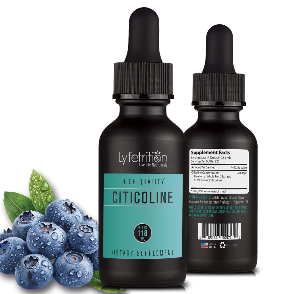 Lyfetrition Citicoline Liquid Drops 536 mg, 4 Oz Liquid, 220 Servere, Made in USA, Quick Absorption, Kvalitet Potent Ingredienser, Non- GMO, GMP Certificeret, Cruelty- Free Products