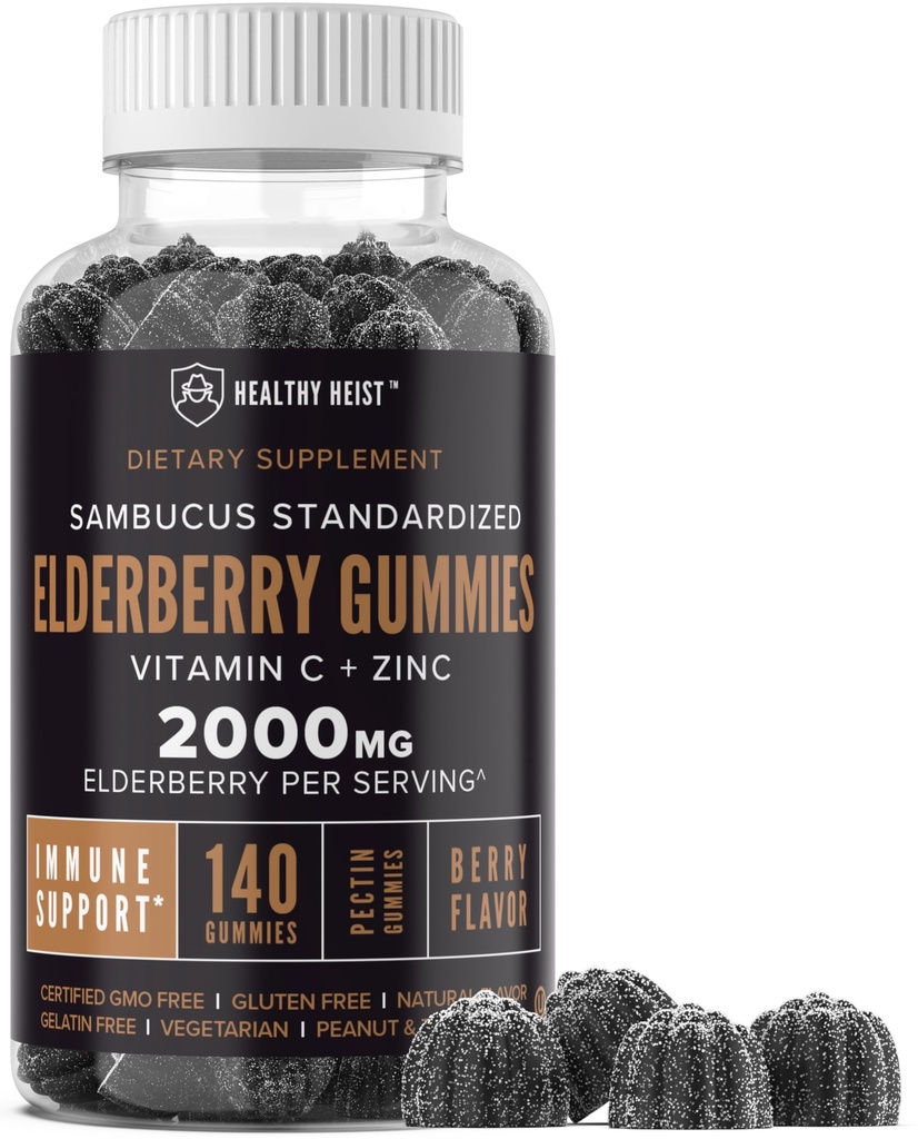 Sambucus Black Elderberry Gummies med zink og C-vitamin, 140 Gummies, Chewable immunforsvar for voksne og børn, Ikke GMO, Kosher, Pectin, Vegan, Lækker Berry Flavor