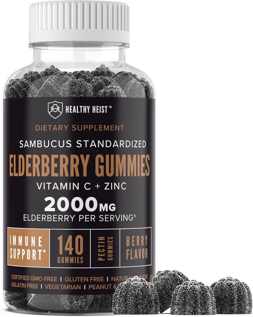 Sambucus Black Elderberry Gummies med zink og C-vitamin, 140 Gummies, Chewable immunforsvar for voksne og børn, Ikke GMO, Kosher, Pectin, Vegan, Lækker Berry Flavor