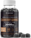 Sambucus Black Elderberry Gummies med zink og C-vitamin, 140 Gummies, Chewable immunforsvar for voksne og børn, Ikke GMO, Kosher, Pectin, Vegan, Lækker Berry Flavor