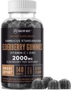 Sambucus Black Elderberry Gummies med zink og C-vitamin, 140 Gummies, Chewable immunforsvar for voksne og børn, Ikke GMO, Kosher, Pectin, Vegan, Lækker Berry Flavor