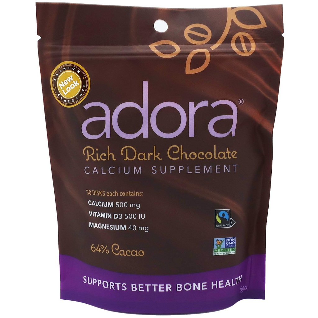 Adora Calcium supplement, Fairtrade mørk chokolade, enkeltpakning - 30 ct