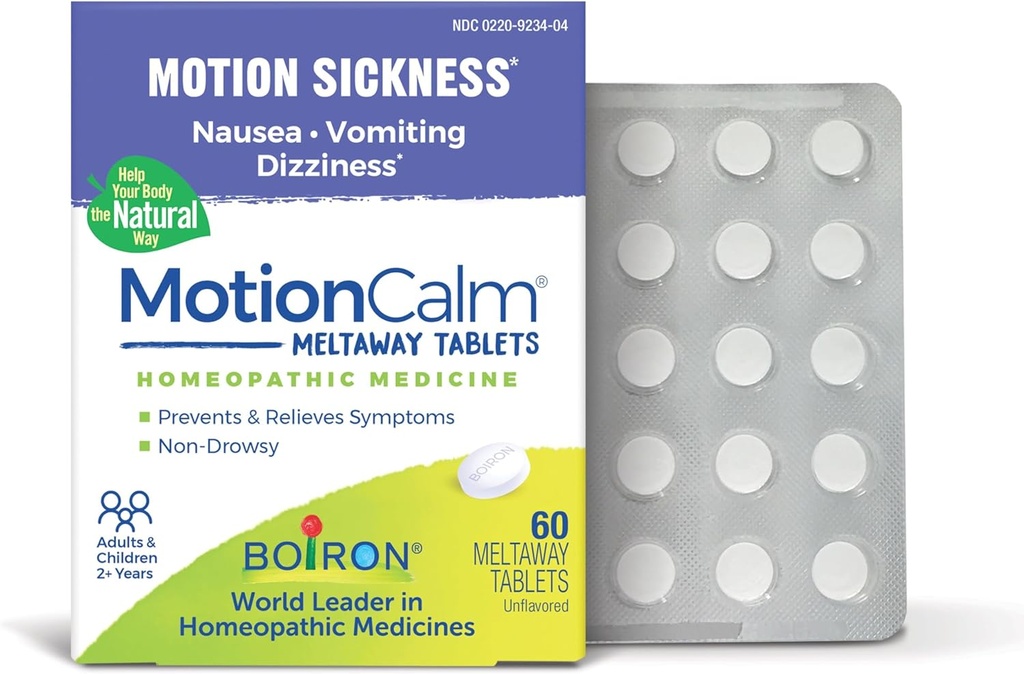 Boiron MotionCalm Relief for Nausea, Vomiting, or Dizziness associated with Motion Sickness Due to Travel, Amusement Rides, and Video Games or VR - Non-Drowsy - 60 Count