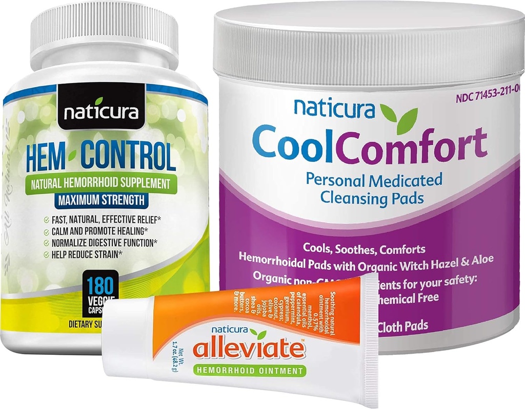 Bundle - Allevate Natural Hæmorhoid Relief Salve, Hem- Control Natural Hæmorhoid Supplement (180 Greve), og CoolComfort Personal Cleansing Pads (100 Greve) - All- Natural, Fast Functing