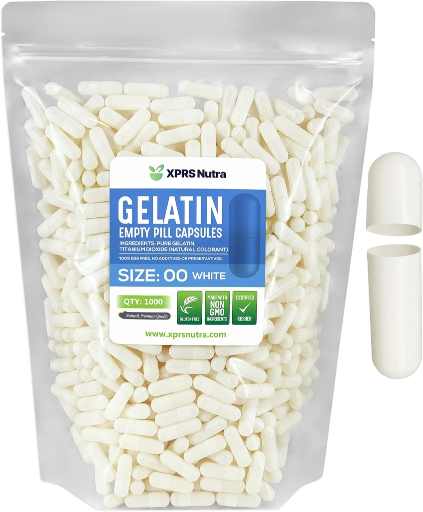 XPRS Nutra Størrelse 00 Tomme kapsler - 1000 Tomme Gelatine kapsler - gør Capsule Filling - Fyldelig Pil Gel Caps til Do- It- Yourself Kosttilskud (hvid)