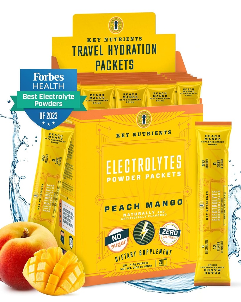 KEY NETRIENSER Electrolytes Powder Packets - Tropical Peach Mango 20 Pack Hydration Pacets - Travel Hydration Powder - Ingen sukker, Ingen kalorier, Gluten Free - Made in USA