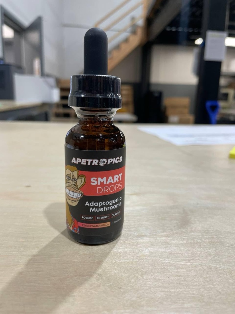Apetropics Smart Drops - Adaptogen Mushroom Tinktur med Lions Mane, Cordyceps, Tyrkiet Hale, Chaga, Reishi - Nootrop Supplement - Peach Watermelon Flavor, 30-Serveringer