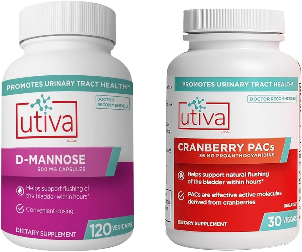 20% Bundle Utiva Tranebær PAC 30 Vegi Kapsler Tranebær Supplement for Urinary Tract Sundhed for kvinder og mænd + Utiva D- Mannose 500mg 120 Kapsler naturligt Flush Blogen og Urinary Tract