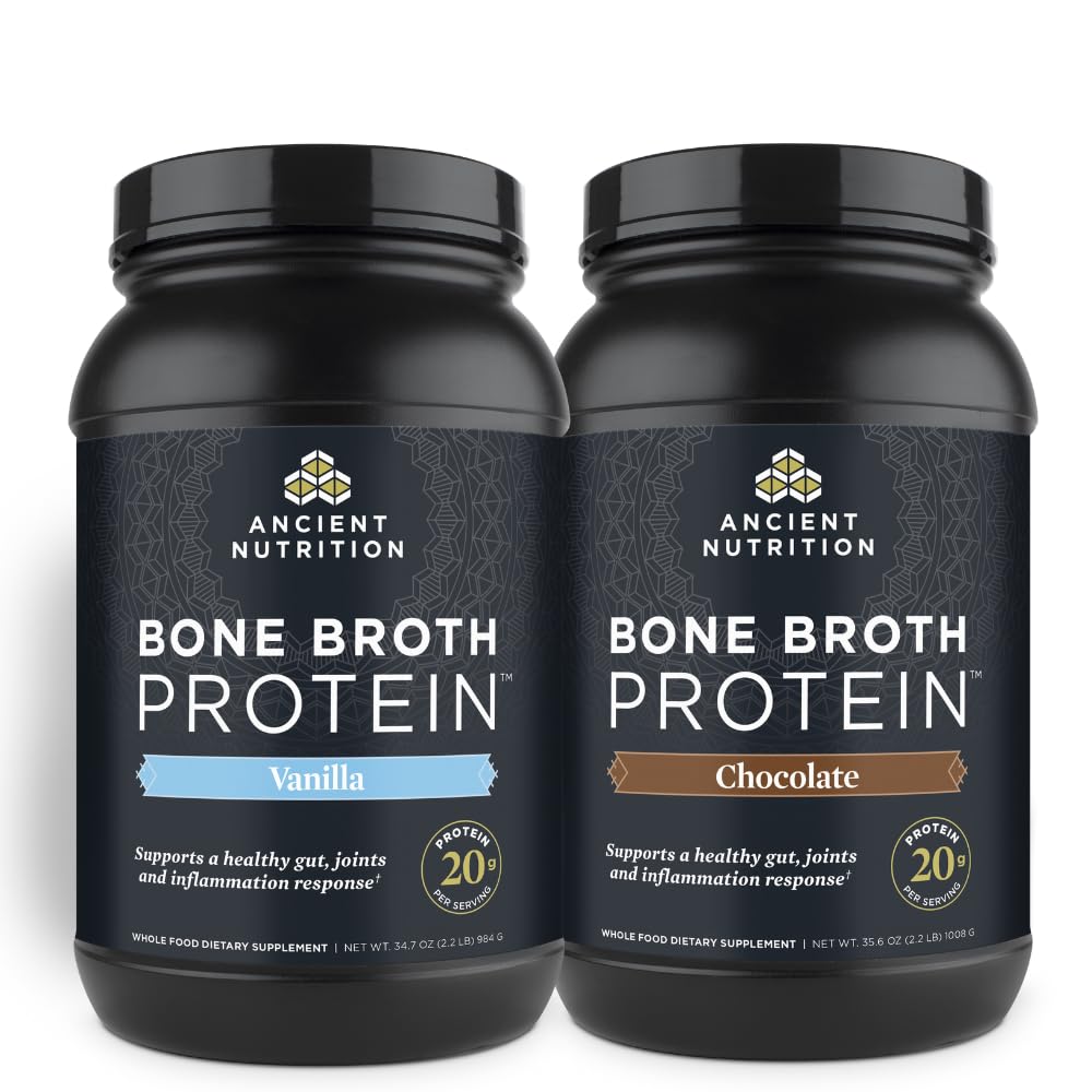 Ancient Nutrition Bone Broth Protein Powder, Chocolate, 40 Servere + Bone Broth Protein Powder, Vanilla, 40 Servere