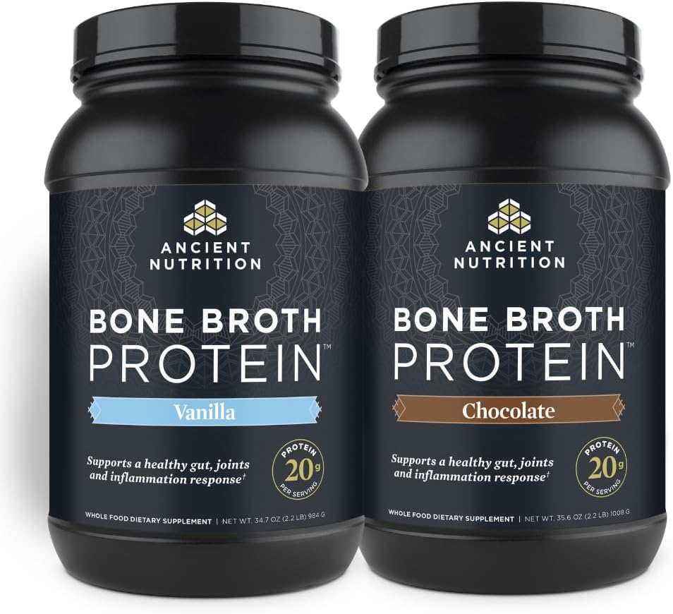 Ancient Nutrition Bone Broth Protein Powder, Chocolate, 40 Servings + Bone Broth Protein Powder, Vanilla, 40 Servings