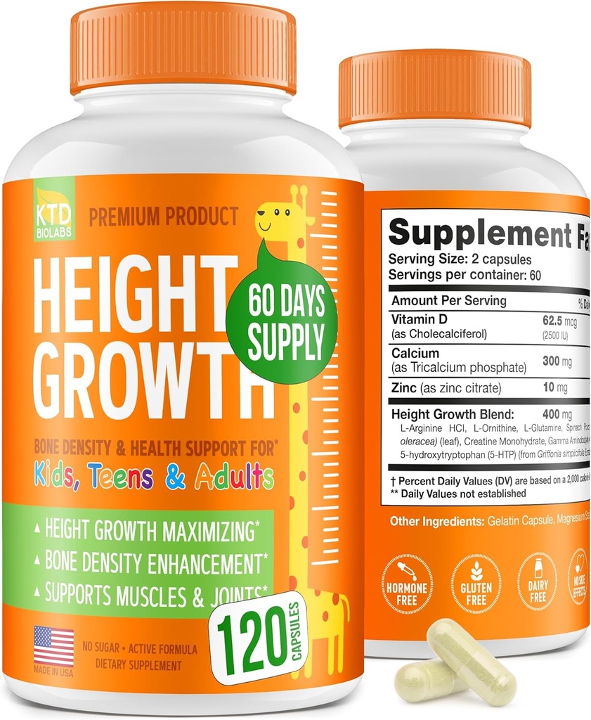 Height Growth Maximizer - Made in USA - Natural Height Increase Booster & Teen Vitamins - Pills to Grow Taller at Any Age - Bone Growth Supplement for Adults & Kids - 120 Capsules