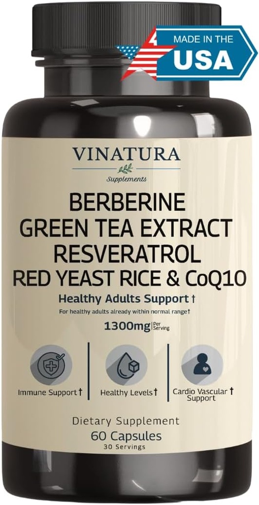 VINATURA Berberine HCL & Ceylon Cinnamon - Red Yeast Rice & CoQ10 1300mg per servering * USA Made & Tested * Sunde niveauer med grøn te ekstrakt, Resveratrol, Magnesium, Glycinate, Chrom picolinat