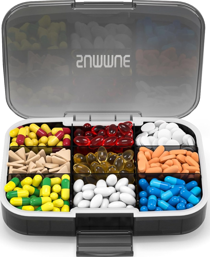 Stor Pill Organizer, 9 Compartments Portable Travel Pill Box Case Fugt Bevis, XL Pill Container Holder for Vitaminer, Cod Lever Oil, Kosttilskud, Medicin (sort)