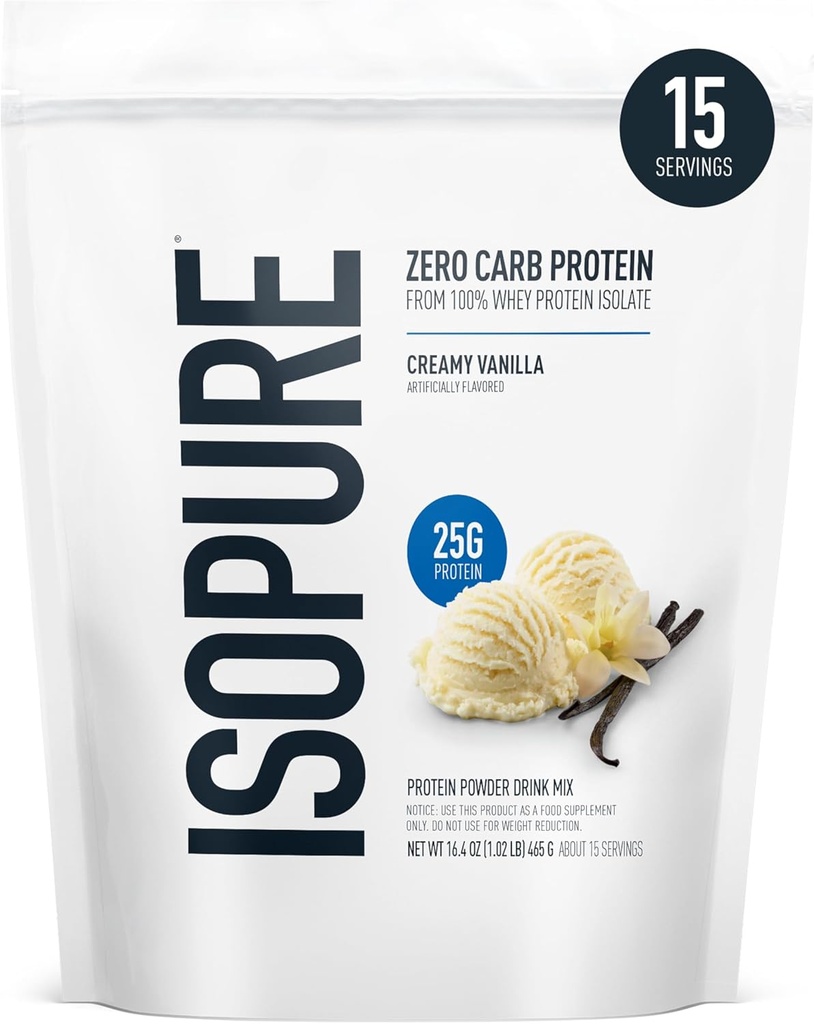 Isopure Zero Carb 100% Pure Whey Isolate Protein Powder, Lactose Free, Gluten Free, with Vitamins, Creamy Vanilla, 25g Protein Per Serving, 1 Lb, 15 Servings (Packaging May Vary)