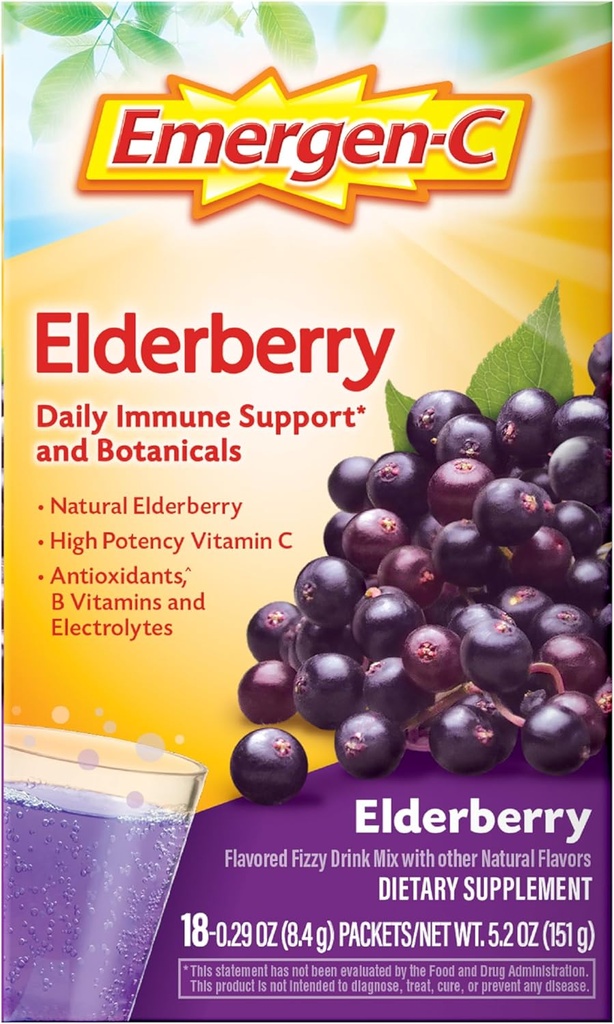 Emergen-C Elderberry Fizzy Drink Mix, Elderberry Immune Support, Natural Flavors, With High Potency Vitamin C, 18 Count