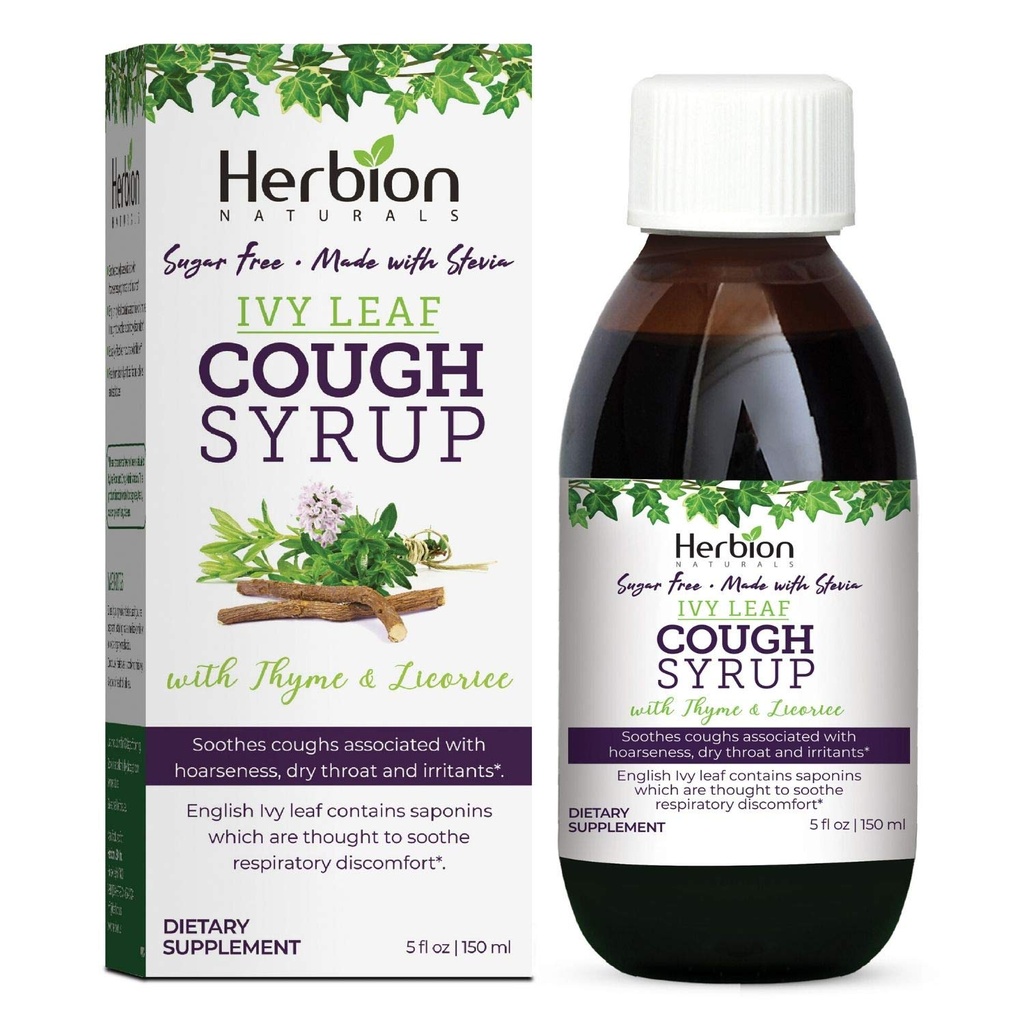 HERBION Naturals Ivy Leaf Hoste Syrup med Thyme og lakrids, 5 FL Oz, lindrer hals og lindrer åndedrætsbesvær, for voksne, børn 13 måneder og derover, alkohol fri, sukker fri med Stevia