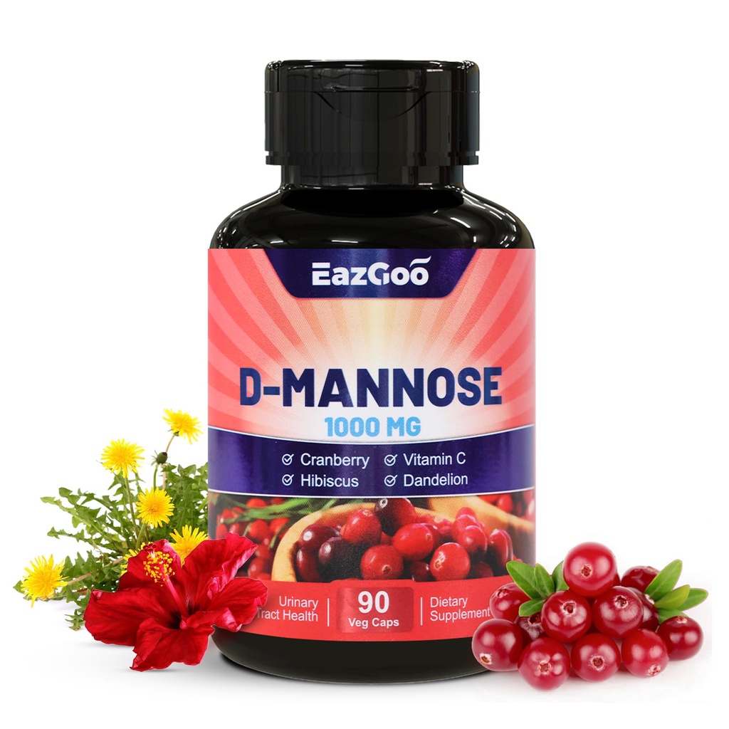 D- Mannose Supplement - 1000 mg kapsler med tranebær, C-vitamin, Hibiscus & Mælkebøtte ekstrakt, Support Urinary Health, D Mannose & Tranebær kapsler, 90 Greve