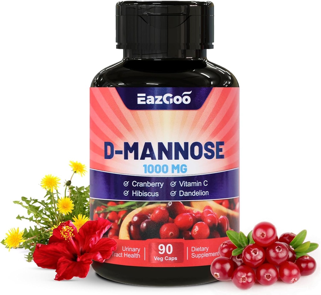 D- Mannose Supplement - 1000 mg kapsler med tranebær, C-vitamin, Hibiscus & Mælkebøtte ekstrakt, Support Urinary Health, D Mannose & Tranebær kapsler, 90 Greve
