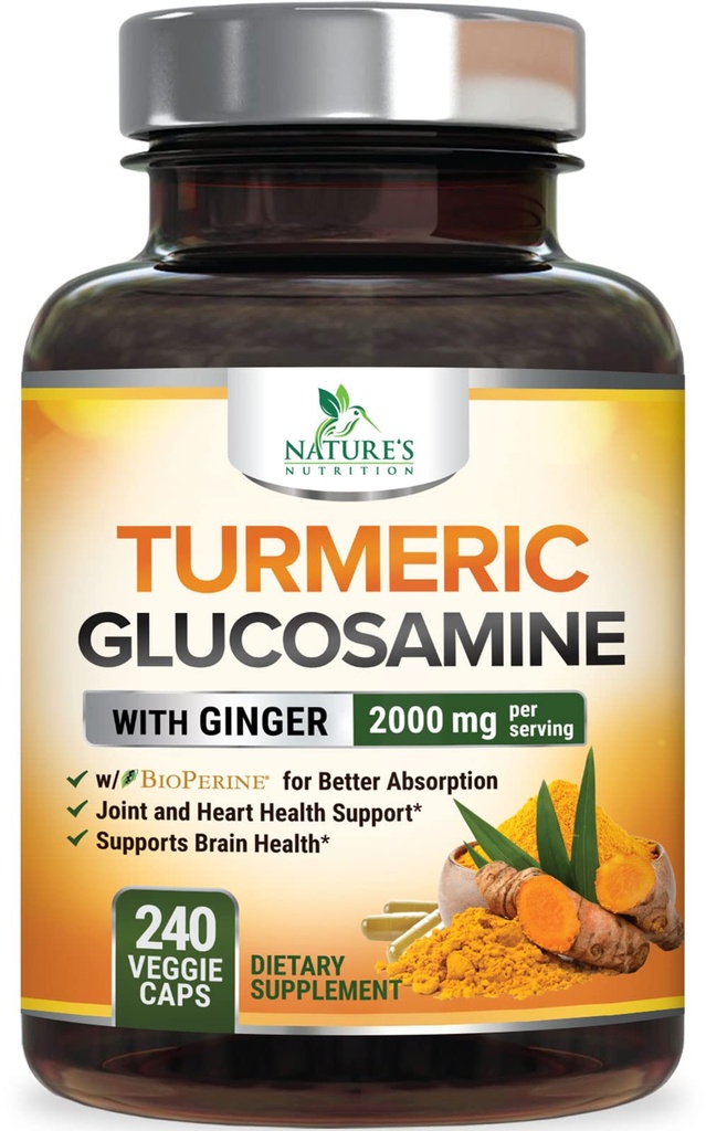 Gurkemeje Supplement 2000mg - 95% Curcuminoider med Glucosamin, Ginger & MSM, BioPerine Black Pepper til Bedste Absorption, Nature 's Vegan Joint Support, Non- GMO, Flasket i USA - 240 Kapsler