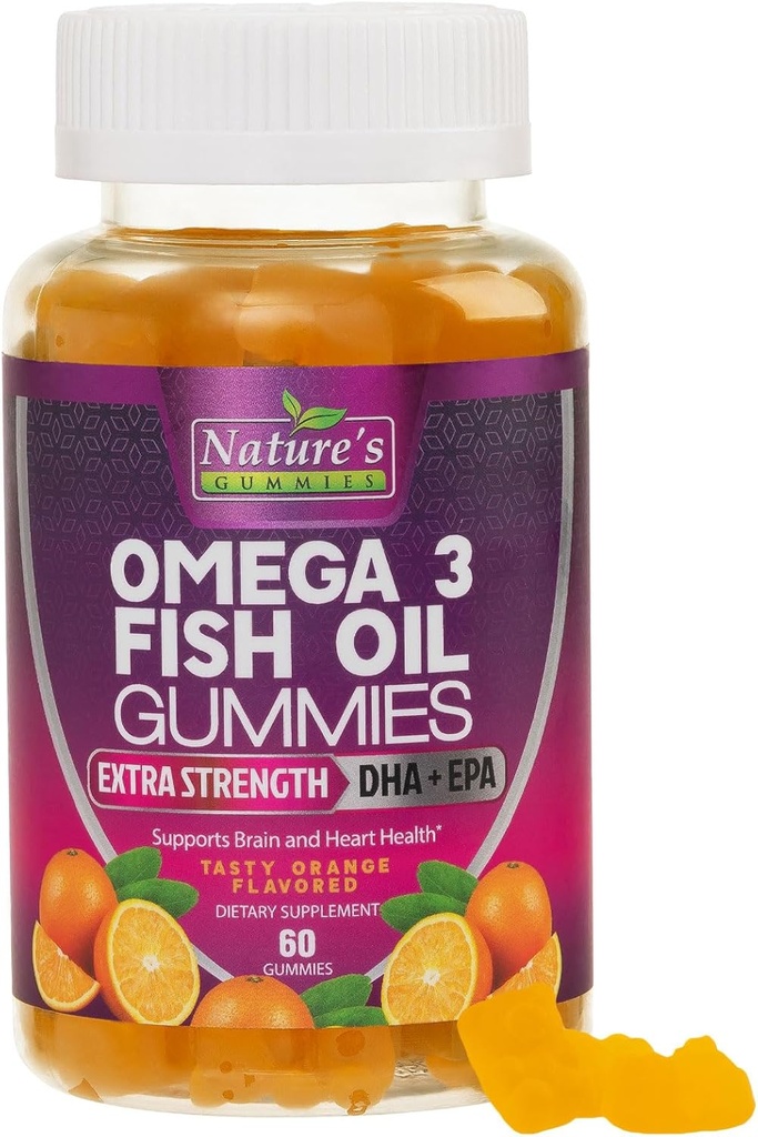 Omega 3 Fish Oil Gummies, Heart Sunde Omega 3 Gummy supplement med høj Absorption DHA & EPA, Ekstra styrke fælles & Brain Support, Lækker Orange Flavor Fish Oil Nature Vitamin - 60 Gummies