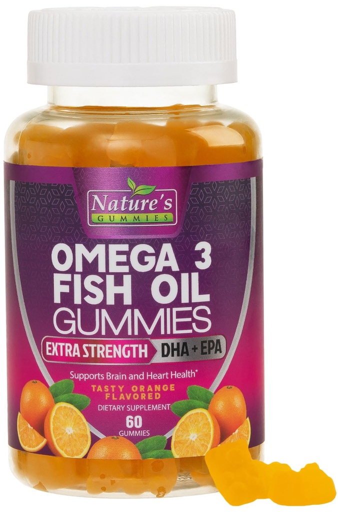 Omega 3 Fish Oil Gummies, Heart Sunde Omega 3 Gummy supplement med høj Absorption DHA & EPA, Ekstra styrke fælles & Brain Support, Lækker Orange Flavor Fish Oil Nature Vitamin - 60 Gummies