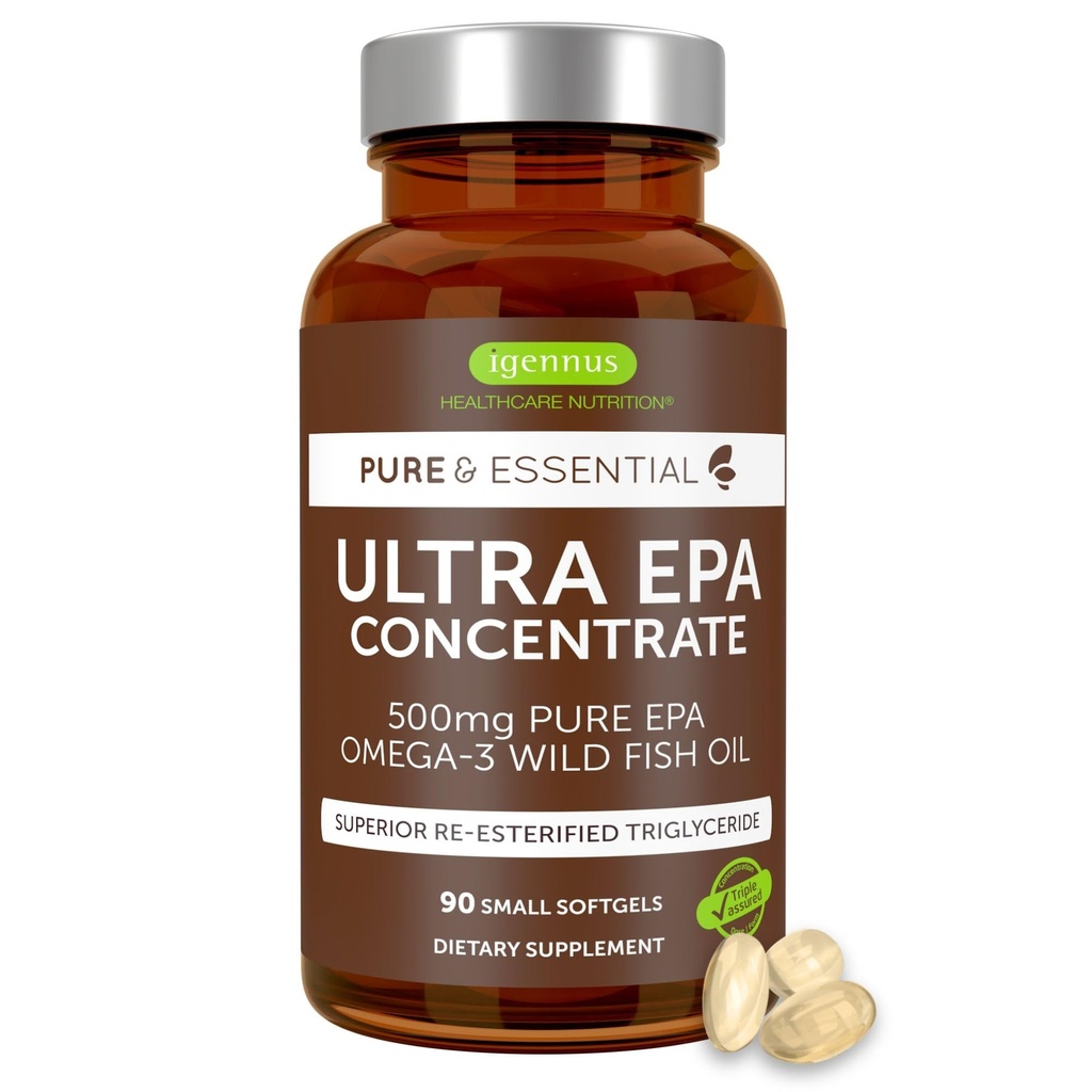 Igennus Ultra Pure Omega-3 EPA 500mg, Højkoncentreret IFOS Certificeret Wild Fish Oil, Advanced rTG triglycerid Form, Non-GMO, 90 Small Softgels