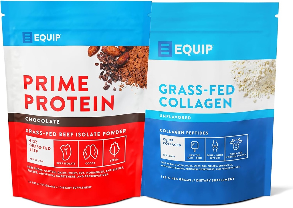 Equip Foods Prime Protein Powder Chocolate & Grass Fed Collagen Powder Unflavored