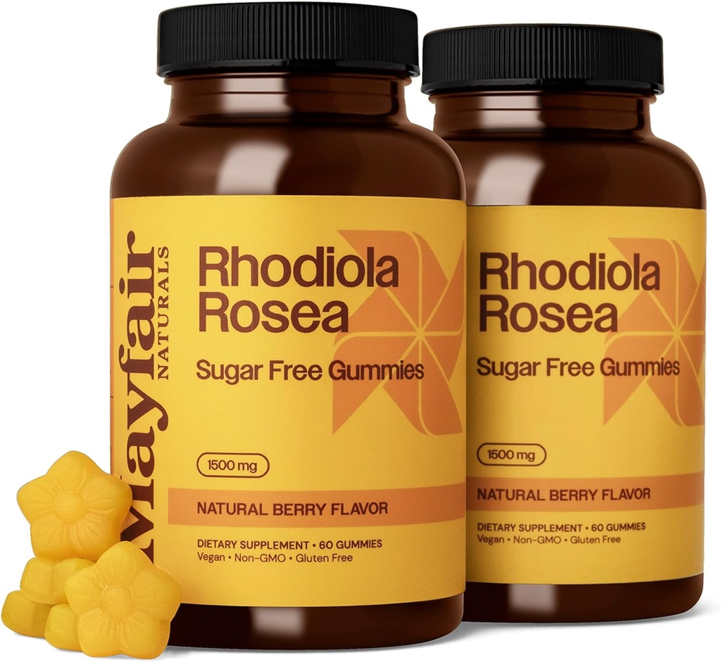 Rhodiola Rosea Sugar Free Gummies (2 Pack), Kosttilskud, 1500mg, 60 Gummies Hver (120 Total), Natural Berry Flavor