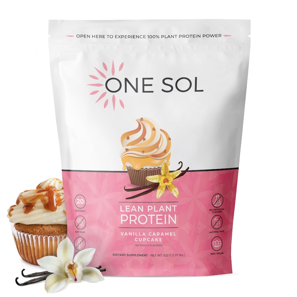 One Sol Lean Plant Protein Powder, Pea & Brown Rice Protein, Low Carb, Vegan Friendly - Gluten, Lactose, & Soy Free - Ingen tilsat sukker, ikke-GMO, Ren ernæring, Ingen bloating (Vanilla Caramel Cupcake)
