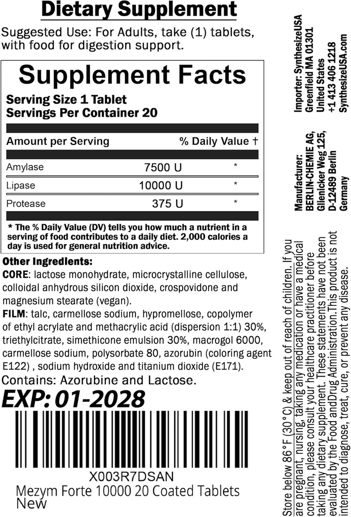 Grace nnvg Mezym Forte 10000, 20 Tablets (Dietary Supplement, Pancreatin Enzymes for Digestion Support)