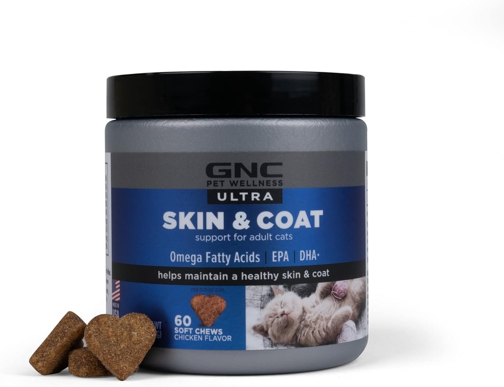 GNC Kæledyr Ultra Hud & Coat Soft Chews, Kylling Flavor Kat Vitaminer, Anti Shedding Supplement for Katte med tør hud, Behandling og Dandruff Relief, 60 Greve