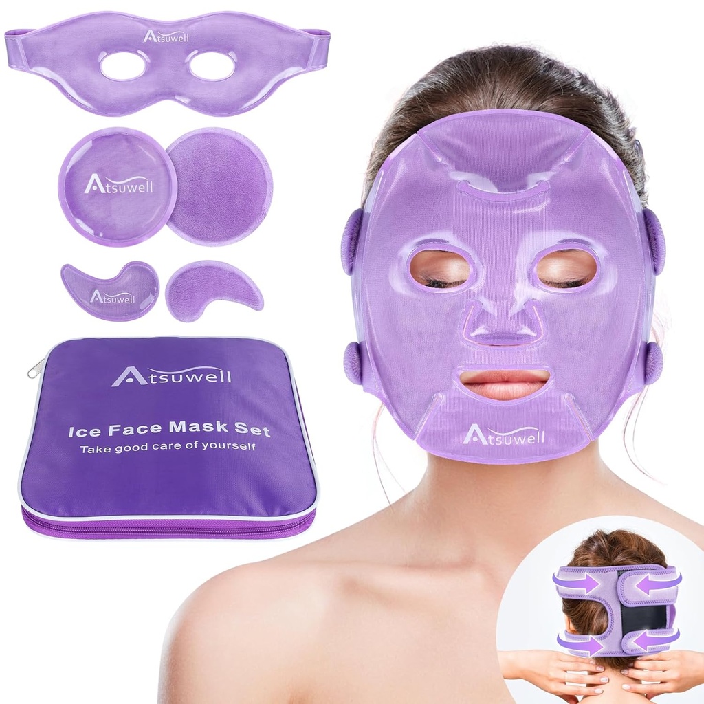 Atsuwell Cooling Ice Face Eye Mask sæt til mørke cirkler og Puffiness, 6 Gel kolde pakker til ansigt, øjne, Soft Plush Lining Ice Pads Cold Compress, Afslapning, Cool Bag inkluderet
