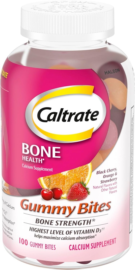 Caltrate Gummy Bites 500 mg Calcium og D-vitamin supplement, sort kirsebær, jordbær, Orange - 100 Greve