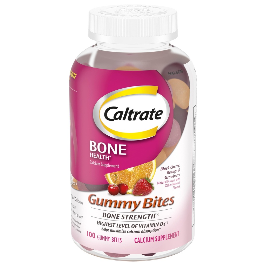 Caltrate Gummy Bites 500 mg Calcium og D-vitamin supplement, sort kirsebær, jordbær, Orange - 100 Greve