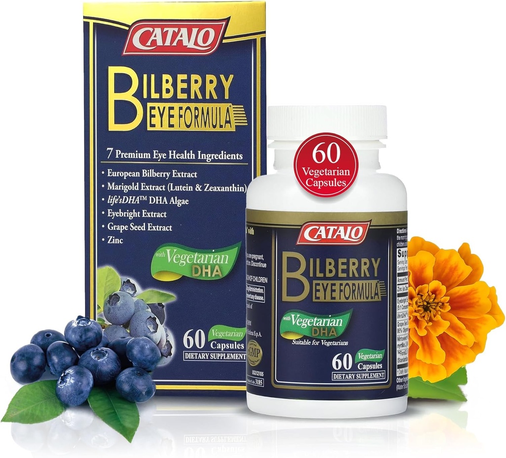 CATALO Bilberry Eye Formel med Vegetarisk DHA - Eye Care Supplement Featuring Mirtoselect Bilberry Extract, DHA fra Alger, Lutein, Zeaxanthin, Grape Seed Extract, og Zink - 60 Vegetariske Kapsler