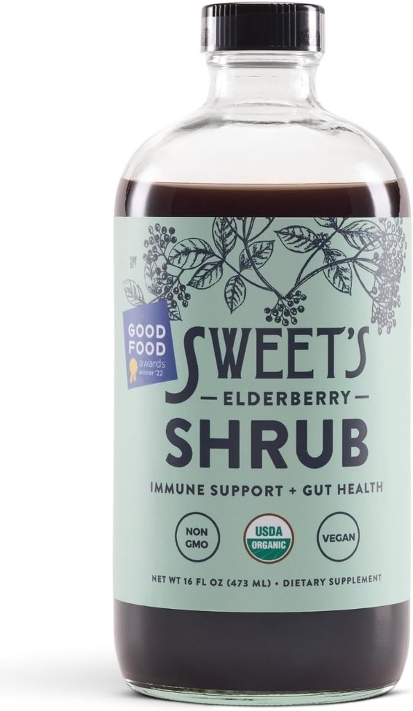 Sweet 's Elderberry Organic Shrub Mex124; USDA Organic Mex124; Digitalt & immunforsvar Mex124; Alsidigt Drikkevin Mex124; Mocktail Mixer Mex124; 16 oz Genbrugsflaske