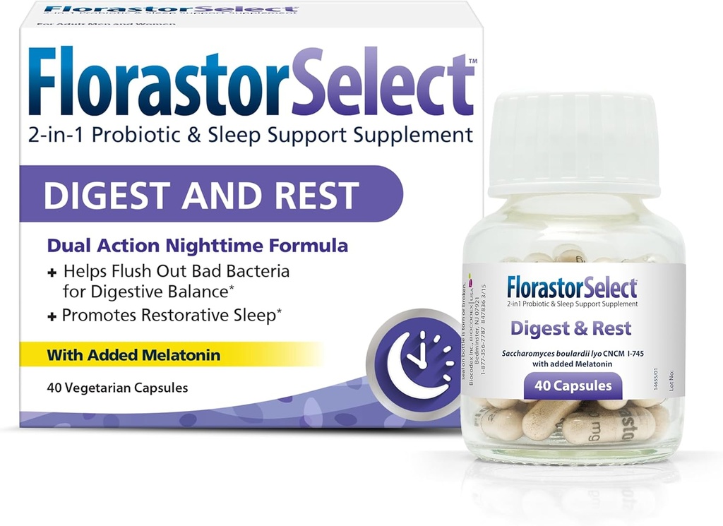 Florastor Probiotic Digest and Rest, Saccharomyces Boulardii Probiotika med Melatonin (4 mg), Natural Sleep Aid + fordøjelsesstøtte, 40 kapsler