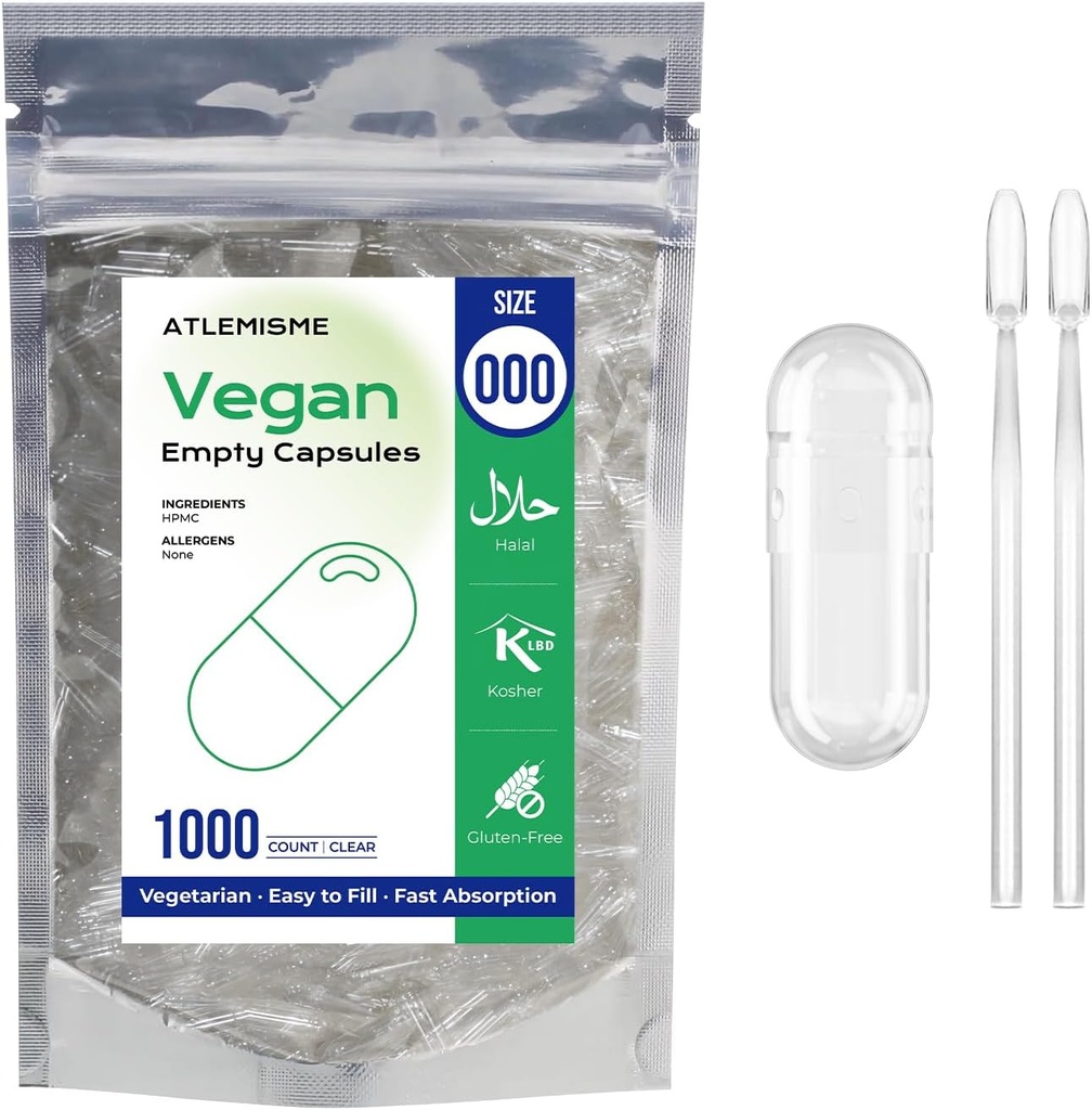 Empty Vegan Capsules Size 000 - Vegan Capsules Empty (1000 Count) Empty Capsules DIY Vegetable Capsule Filling - Veggie Capsules Empty Caps with 2 Micro Lab Spoons for Capsule Filling