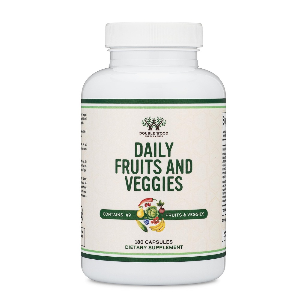 Frugt og grøntsager Supplement (Daglig Blend af 49 forskellige frugter og grøntsager, 23 grøntsager og 29 frugter) 1.500mg Servering, 180 Kapsler (Ingen Fylder, Vegan Safe, Non- GMO) af Double Wood