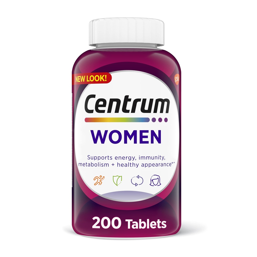 Centrum Multivitamin Tablet til kvinder, Multivitamin / Multimineral Supplement med jern, vitamin D3, B Vitamin og antioxidant Vitamin C og E, Gluten Free, Non- GMO Ingredienser - 200 Tæl