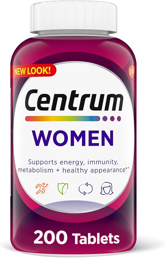 Centrum Multivitamin Tablet til kvinder, Multivitamin / Multimineral Supplement med jern, vitamin D3, B Vitamin og antioxidant Vitamin C og E, Gluten Free, Non- GMO Ingredienser - 200 Tæl