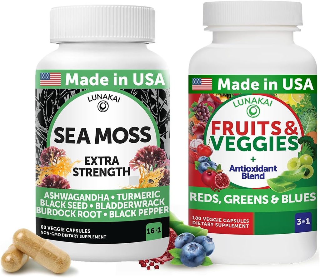 Lunakai USA Made Superfood Fruits & Veggies Supplement & Irish Sea Moss Bundle med 4 blandinger, Black Seed Oil & Ashwagandha til immunforsvar & wellness support