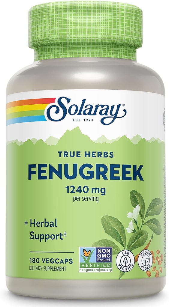 SOLARAY Fenugreek Seed 1240 mg, sund fordøjelsesstøtte og mere, Vegan og Lab Verificeret for kvalitet, 90 Servere, 180 VegCaps