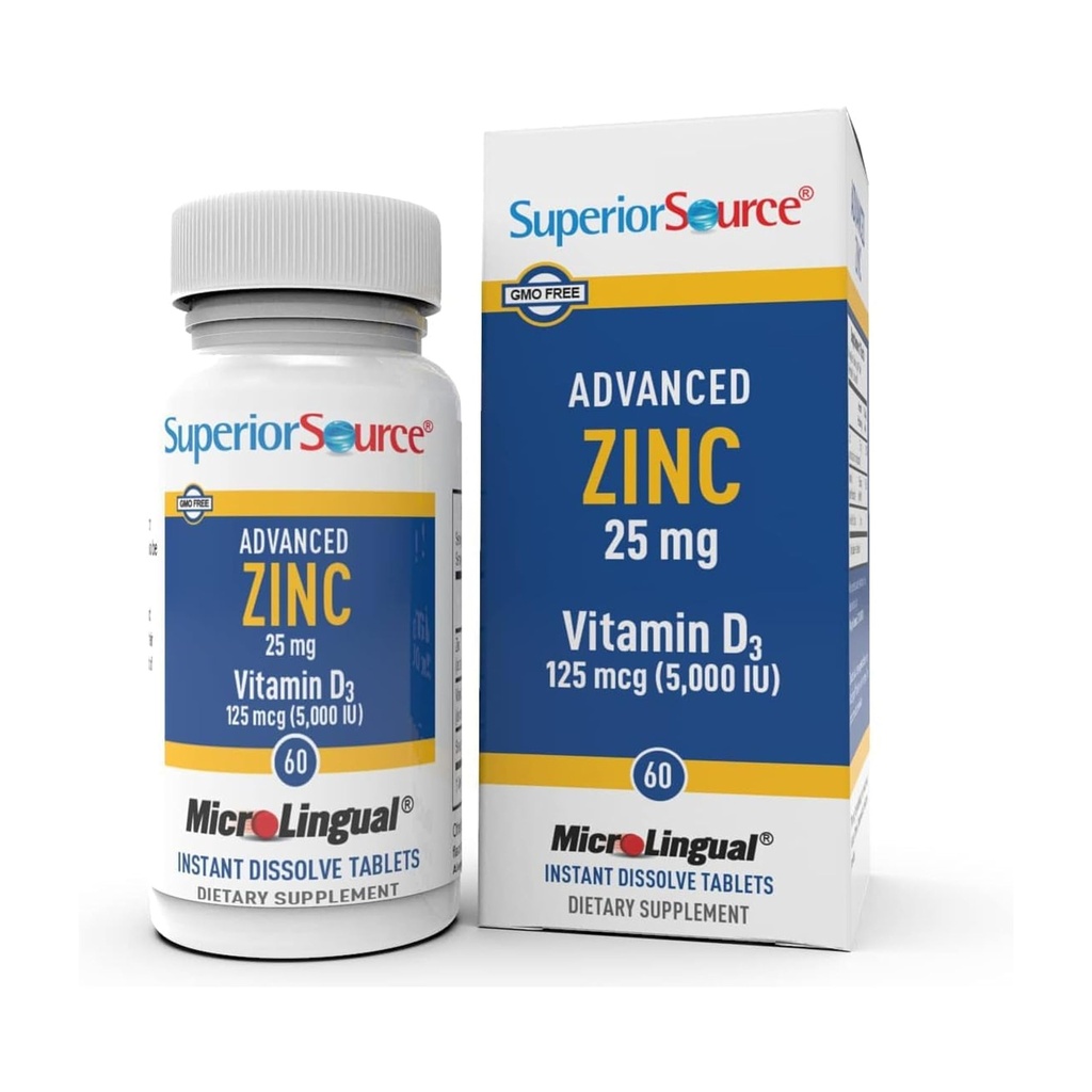 Superior Source Advanced Zink 25 mg - Inkluderer vitamin D3 5000 IE - Premium immunsupporttilskud til mænd og kvinder - Non- GMO & Gluten- Free - 60 microLingual opløselige tabletter