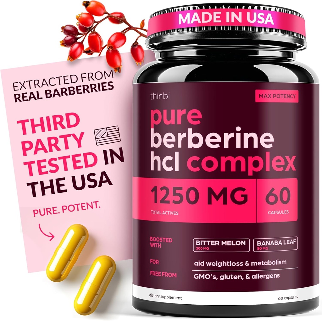 Berberine Supplement 1250mg Potent botaniske kapsler til vægthåndtering med Bitter Melon og Banaba Leaf - HCl fra Barberry Ekstract- 30 Servering